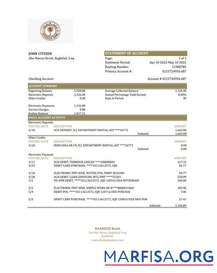 Downloadable Iraq Rasheed bank statement excel real example